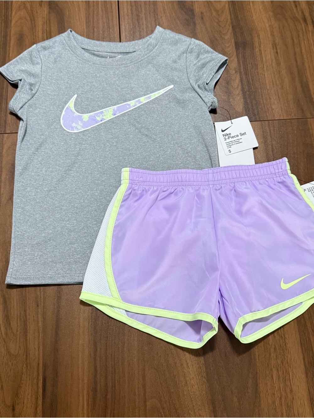 Nike Girls 2-Piece Tee & Shorts Set Grey Top with Lavender Shorts Size 5